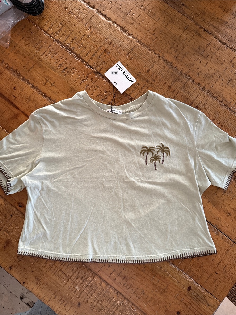 Active USA Light Sage Palm Tree Embroidered Crop Tee